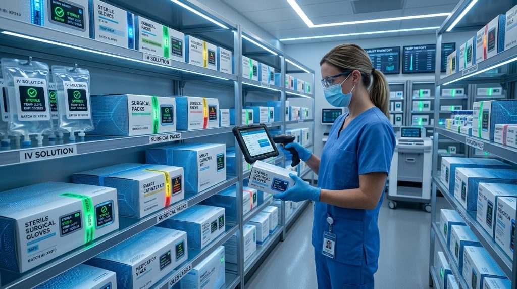 Futuristic smart healthcare packaging with sterilization indicators in a modern hospital storage room.