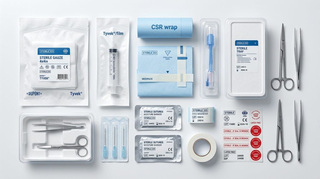Futuristic smart healthcare packaging with sterilization indicators in a modern hospital storage room.