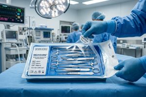 Futuristic smart healthcare packaging with sterilization indicators in a modern hospital storage room.