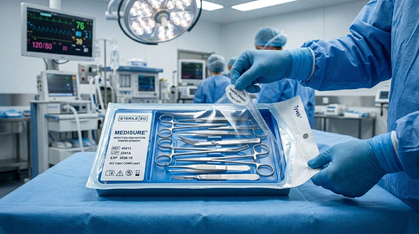Futuristic smart healthcare packaging with sterilization indicators in a modern hospital storage room.
