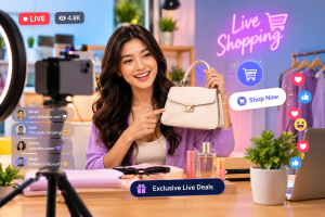 Woman showcasing a product during an interactive live shopping stream